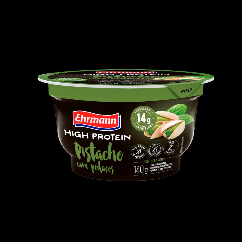 Ehrmann lança iogurte proteico em copo sabor pistache